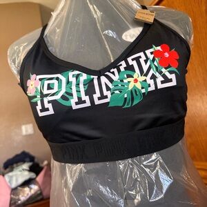 NWT Victoria secret Black PINK Sports Bra with Floral Design size large